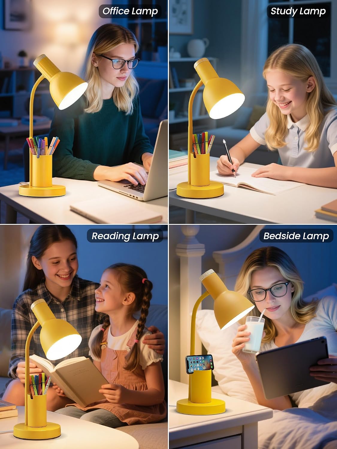 LED Desk Lamp for Home Office, Table Lamp with Pen Holder, 3 Color Modes Reading Light, Eye-Caring Desk Light with Gooseneck, Metal Study Lamp for Dorm Bedside Bedroom (Green Lamp)