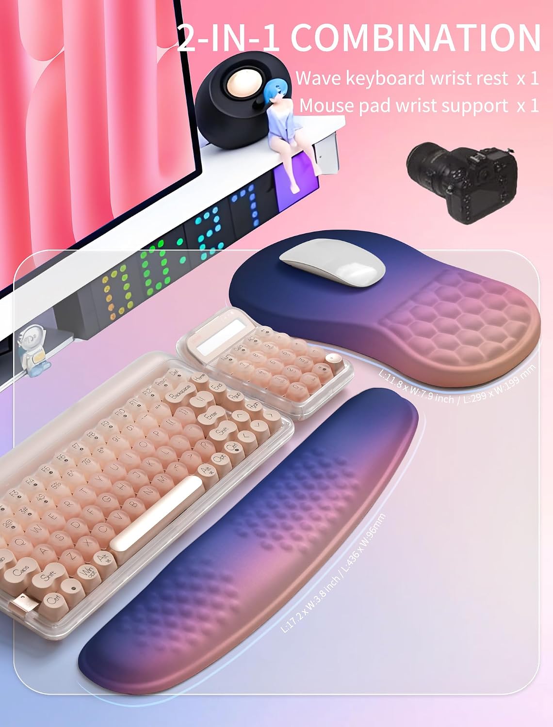 2in1 Combination, Wave Keyboard Wrist Rest and Ergonomic Curvature Mouse Pad Wrist Support for Relieve Wrist Pain, Filled with Soft Cushion Memory Foam, Black