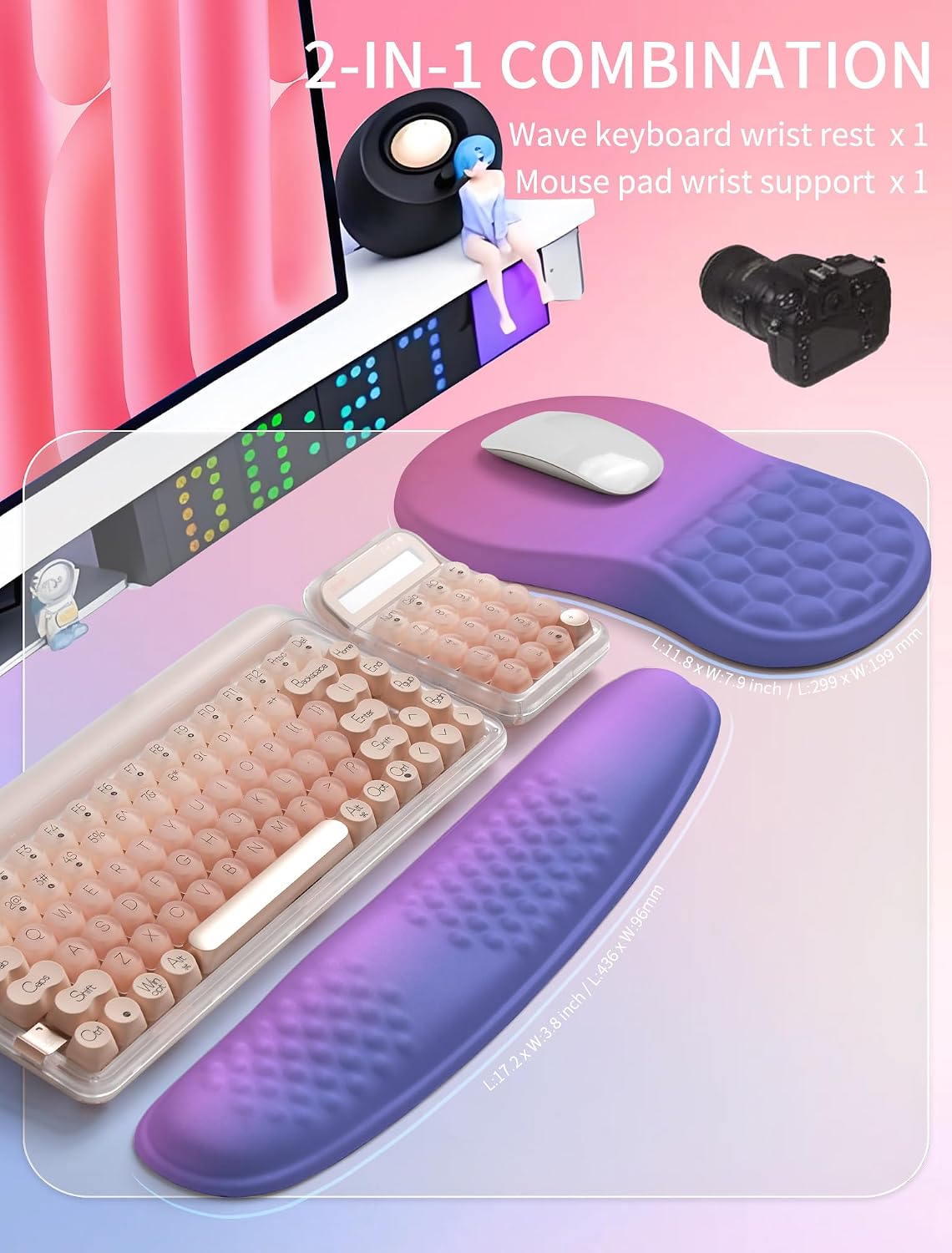 2in1 Combination, Wave Keyboard Wrist Rest and Ergonomic Curvature Mouse Pad Wrist Support for Relieve Wrist Pain, Filled with Soft Cushion Memory Foam, Black