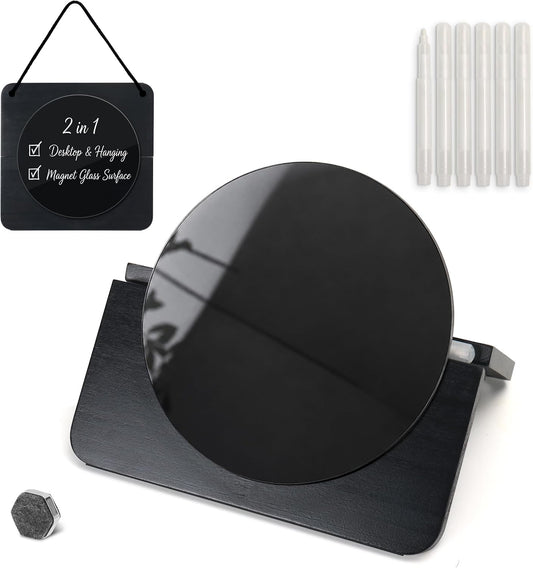 Glass Desktop Whiteboard with Wood Stand, Foldable, Black Round