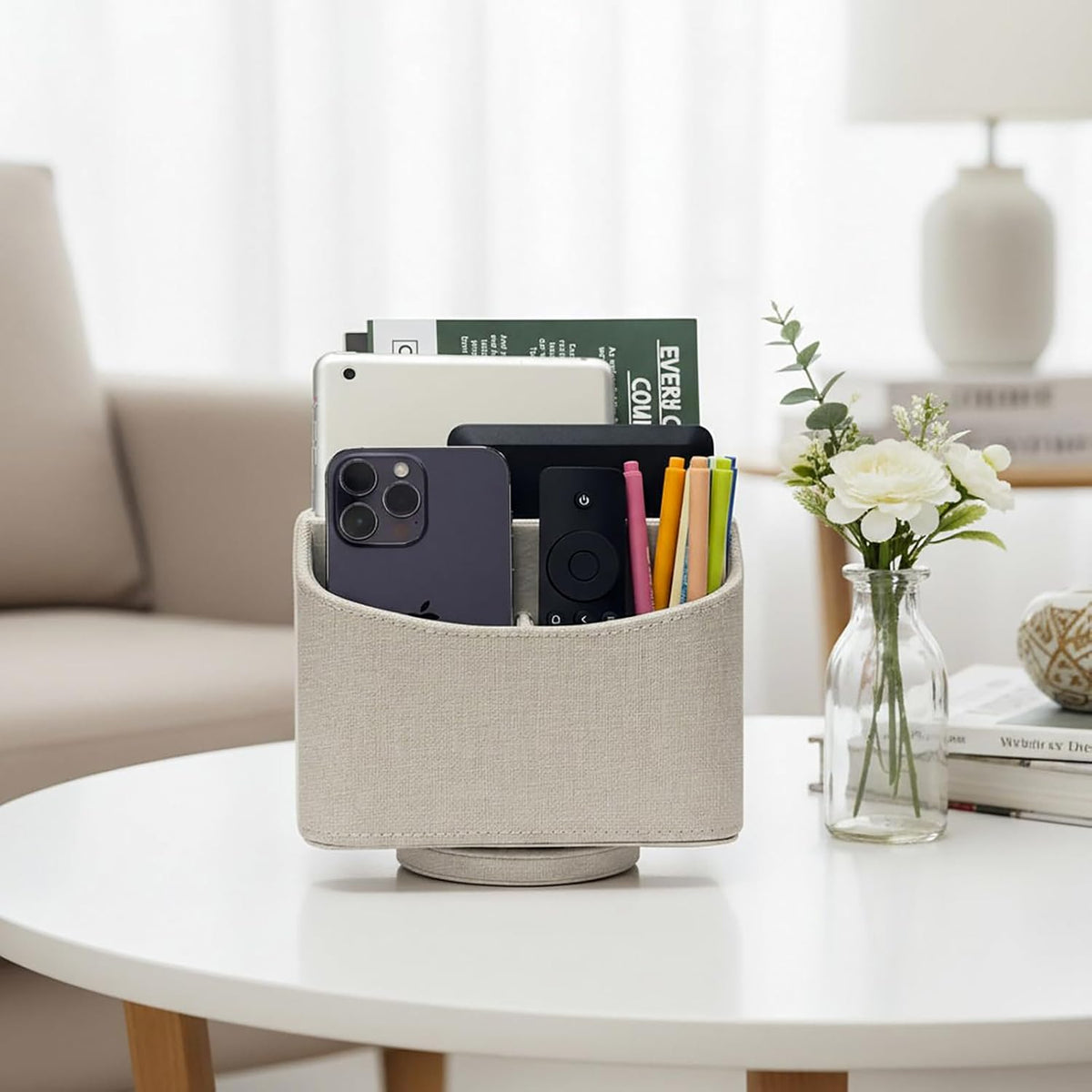 Rotating Desk Organizer, 360 Desk Spinning Caddy, Desktop TV Guide/Mail/Media/Remote Controller Holder Organizer, Beige