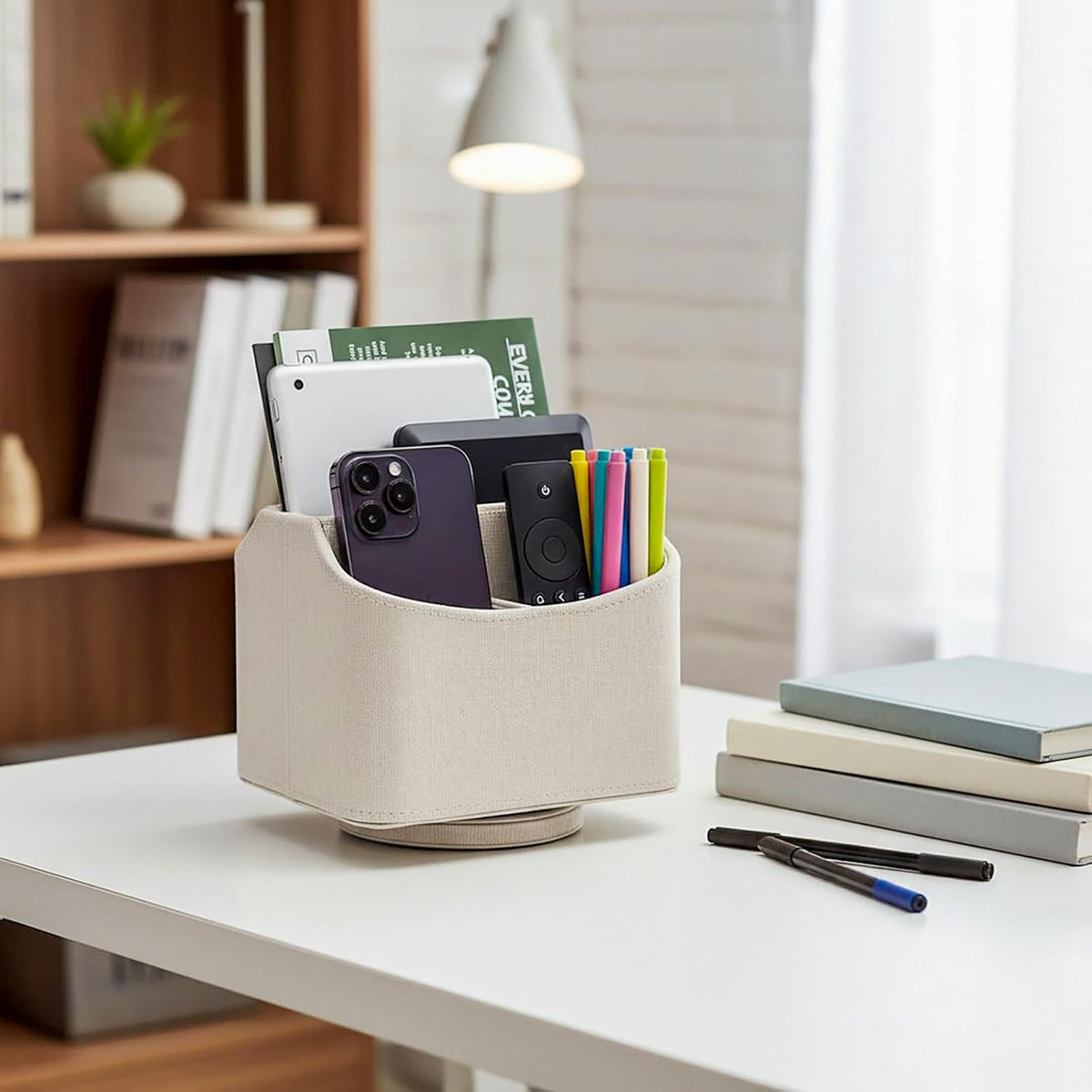 Rotating Desk Organizer, 360 Desk Spinning Caddy, Desktop TV Guide/Mail/Media/Remote Controller Holder Organizer, Beige