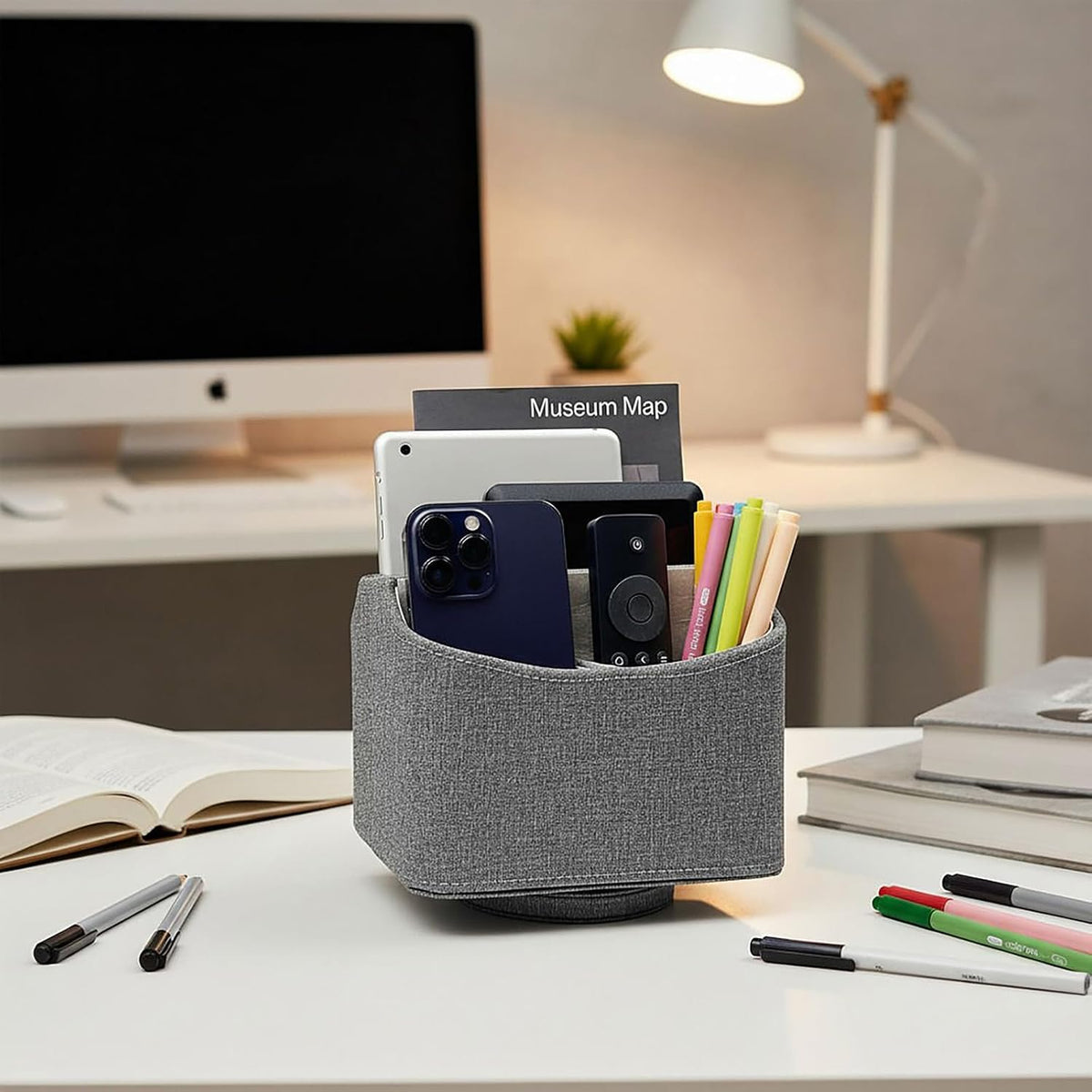 Rotating Desk Organizer, 360 Desk Spinning Caddy, Desktop TV Guide/Mail/Media/Remote Controller Holder Organizer, Beige