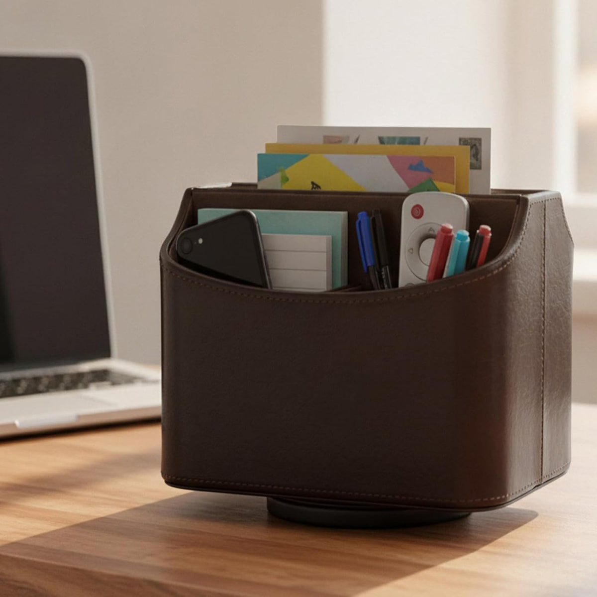 Rotating Desk Organizer, 360 Desk Spinning Caddy, Desktop TV Guide/Mail/Media/Remote Controller Holder Organizer, Beige