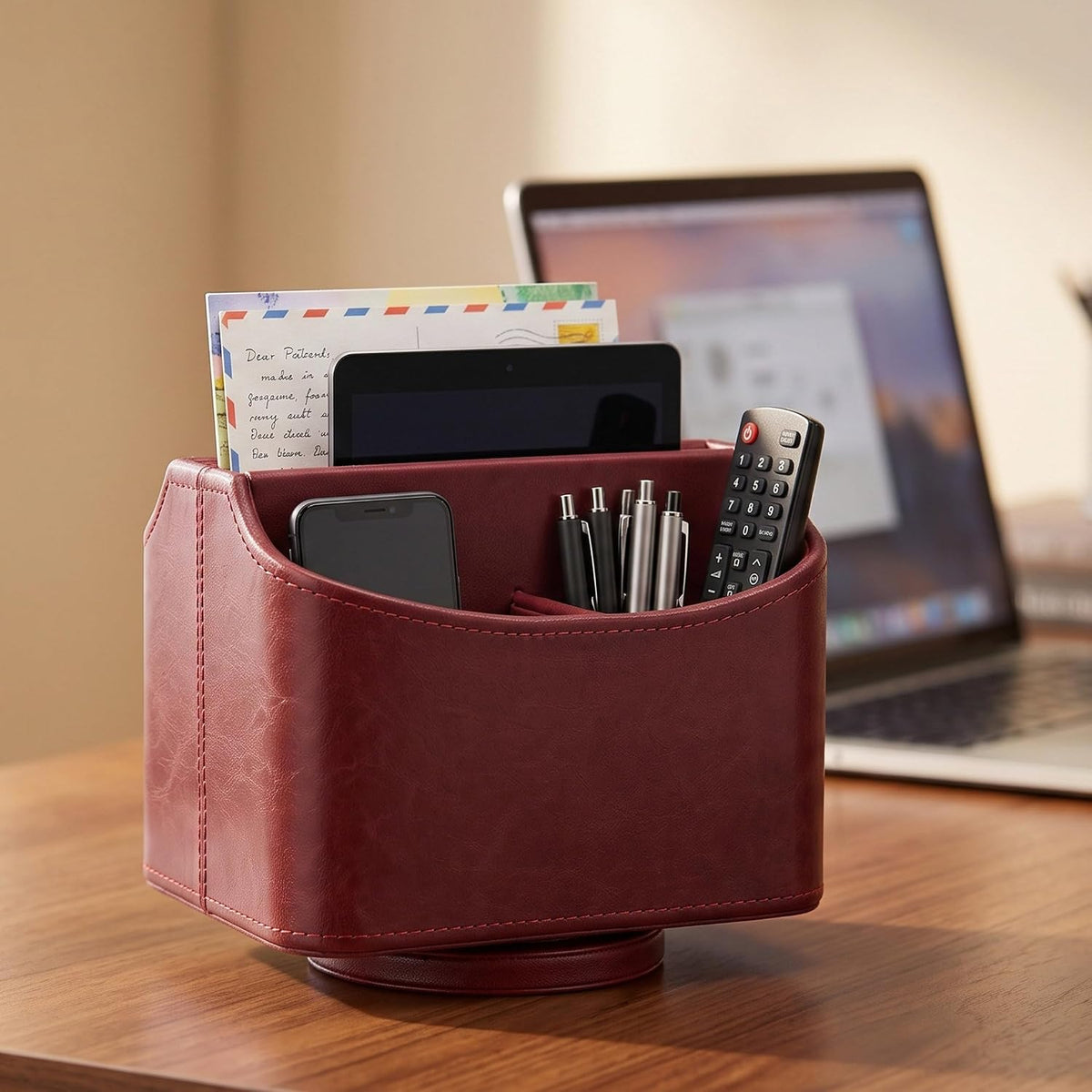 Rotating Desk Organizer, 360 Desk Spinning Caddy, Desktop TV Guide/Mail/Media/Remote Controller Holder Organizer, Beige