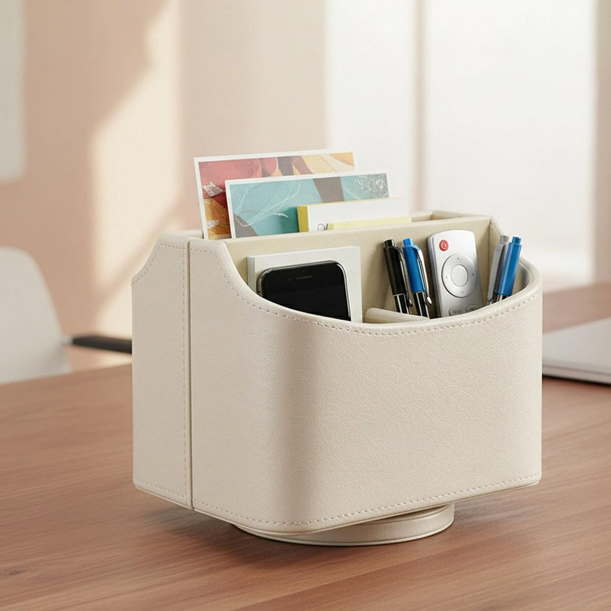 Rotating Desk Organizer, 360 Desk Spinning Caddy, Desktop TV Guide/Mail/Media/Remote Controller Holder Organizer, Beige