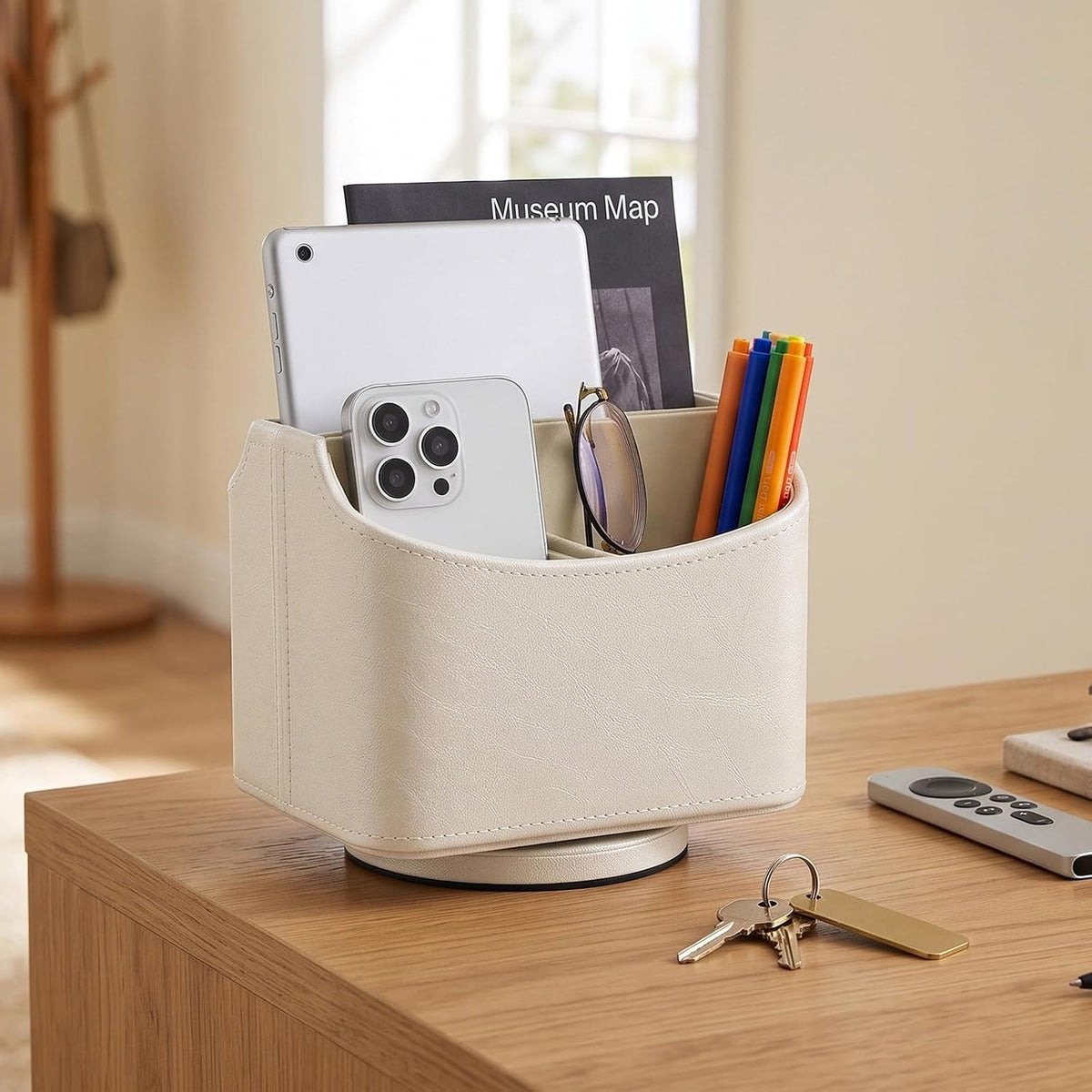 Rotating Desk Organizer, 360 Desk Spinning Caddy, Desktop TV Guide/Mail/Media/Remote Controller Holder Organizer, Beige