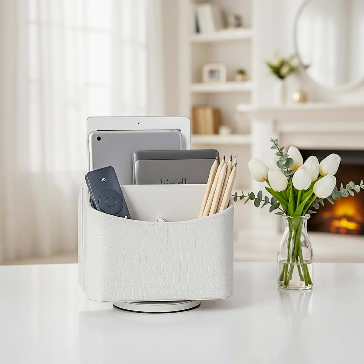 Rotating Desk Organizer, 360 Desk Spinning Caddy, Desktop TV Guide/Mail/Media/Remote Controller Holder Organizer, Beige