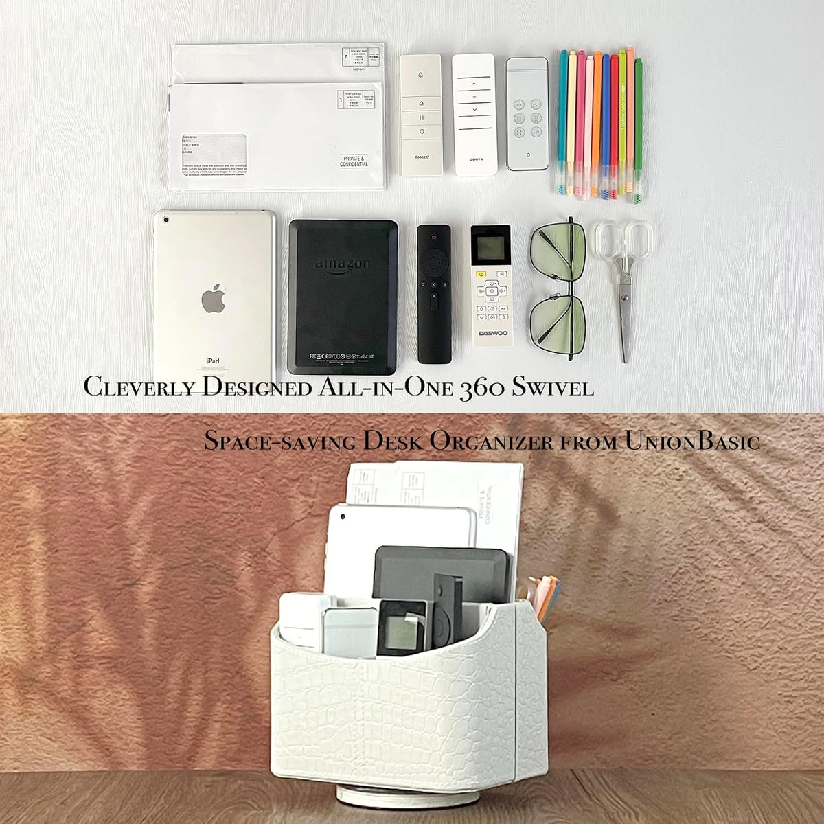 Rotating Desk Organizer, 360 Desk Spinning Caddy, Desktop TV Guide/Mail/Media/Remote Controller Holder Organizer, Beige