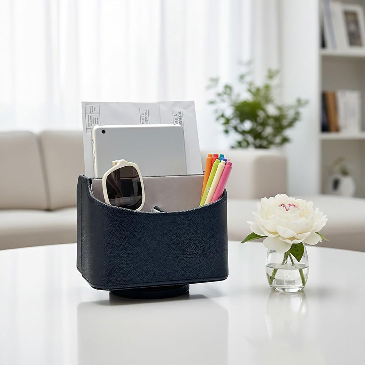 Rotating Desk Organizer, 360 Desk Spinning Caddy, Desktop TV Guide/Mail/Media/Remote Controller Holder Organizer, Beige