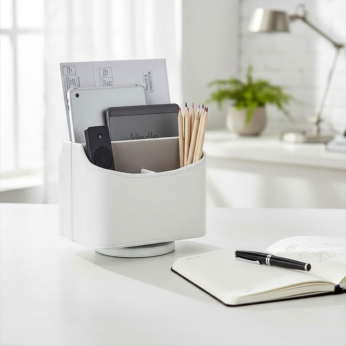 Rotating Desk Organizer, 360 Desk Spinning Caddy, Desktop TV Guide/Mail/Media/Remote Controller Holder Organizer, Beige