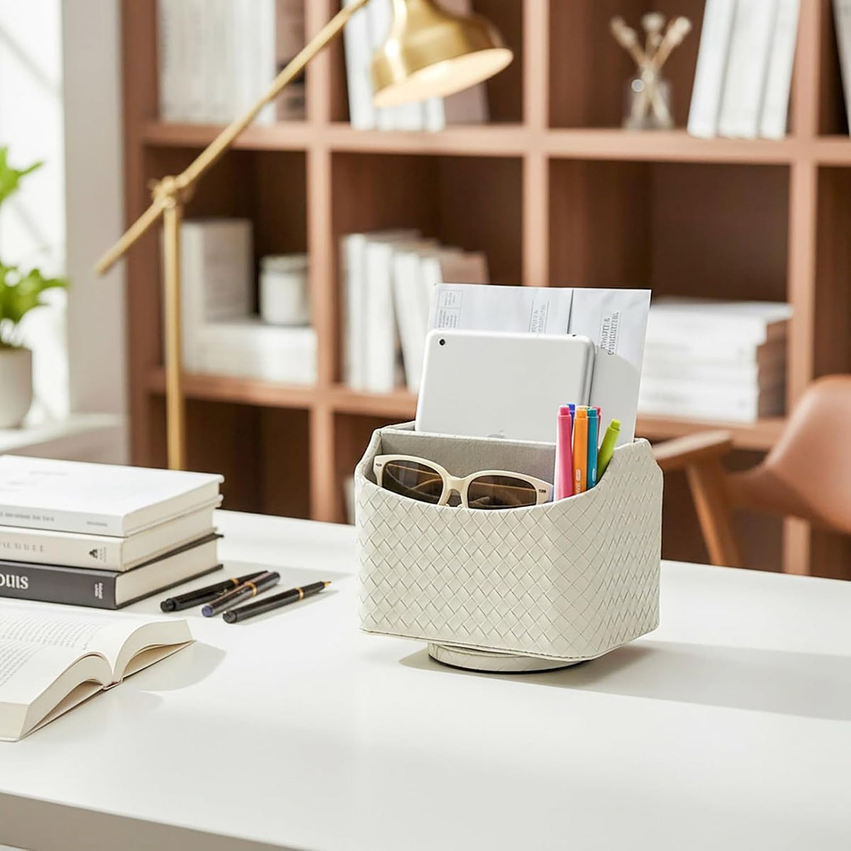 Rotating Desk Organizer, 360 Desk Spinning Caddy, Desktop TV Guide/Mail/Media/Remote Controller Holder Organizer, Beige