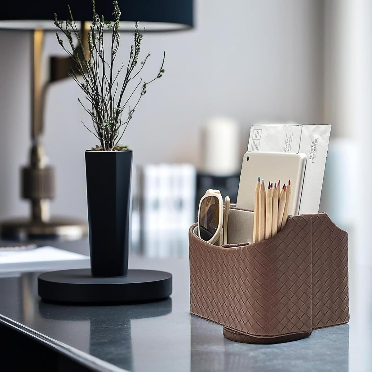 Rotating Desk Organizer, 360 Desk Spinning Caddy, Desktop TV Guide/Mail/Media/Remote Controller Holder Organizer, Beige