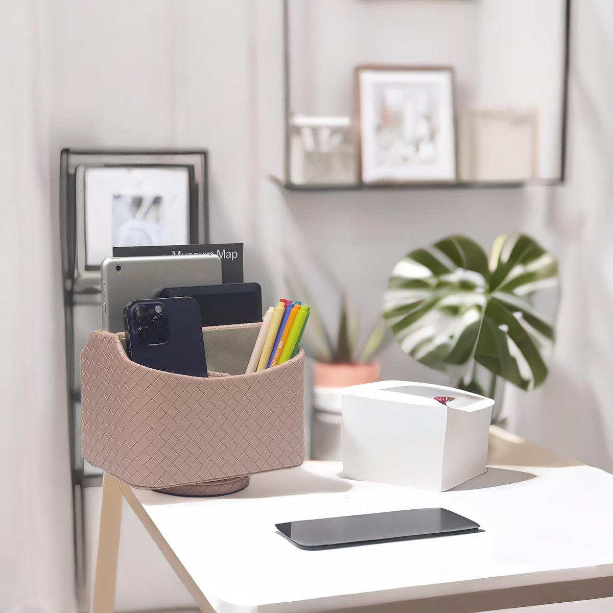 Rotating Desk Organizer, 360 Desk Spinning Caddy, Desktop TV Guide/Mail/Media/Remote Controller Holder Organizer, Beige