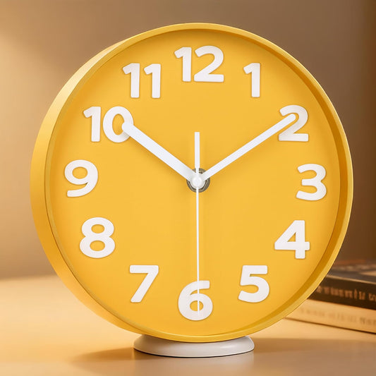 8-Inch Yellow Modern Wall Clock – Silent Non-Ticking, 3D Large Numbers, Accurate Timekeeping | Decorative Wall & Desk Clock with Stand for Living Room, Bedroom, Kitchen, or Office