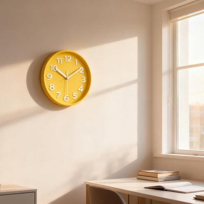 8-Inch Yellow Modern Wall Clock – Silent Non-Ticking, 3D Large Numbers, Accurate Timekeeping | Decorative Wall & Desk Clock with Stand for Living Room, Bedroom, Kitchen, or Office