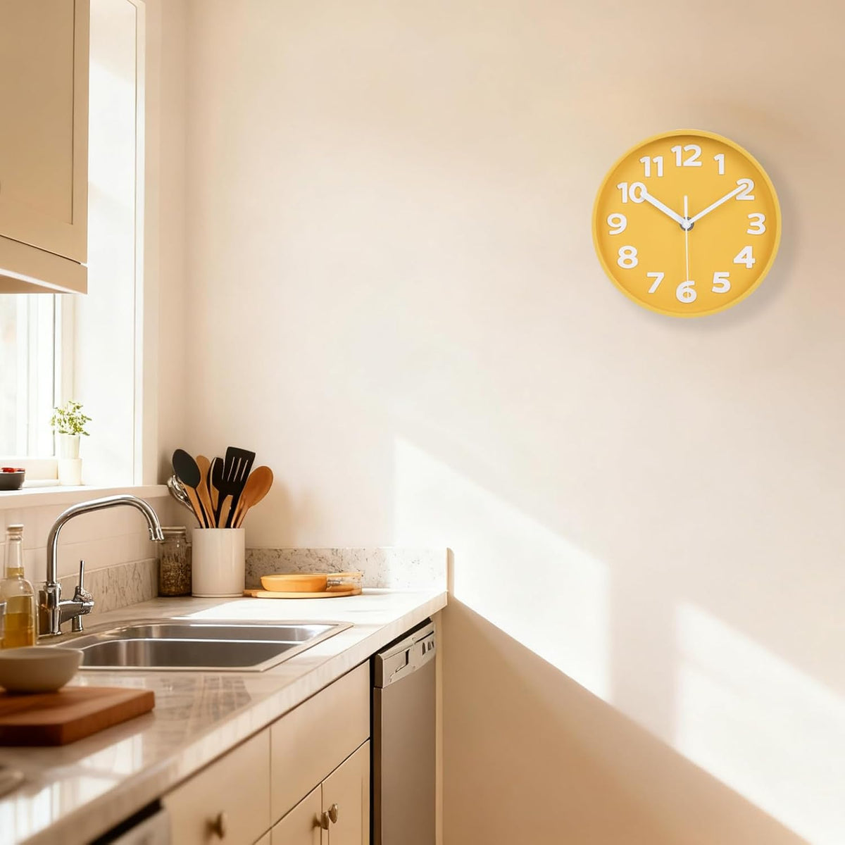 8-Inch Yellow Modern Wall Clock – Silent Non-Ticking, 3D Large Numbers, Accurate Timekeeping | Decorative Wall & Desk Clock with Stand for Living Room, Bedroom, Kitchen, or Office