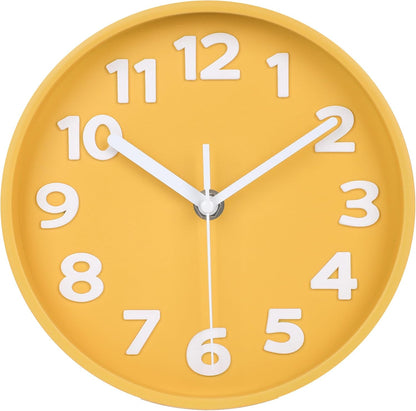 8-Inch Yellow Modern Wall Clock – Silent Non-Ticking, 3D Large Numbers, Accurate Timekeeping | Decorative Wall & Desk Clock with Stand for Living Room, Bedroom, Kitchen, or Office