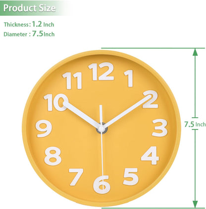 8-Inch Yellow Modern Wall Clock – Silent Non-Ticking, 3D Large Numbers, Accurate Timekeeping | Decorative Wall & Desk Clock with Stand for Living Room, Bedroom, Kitchen, or Office