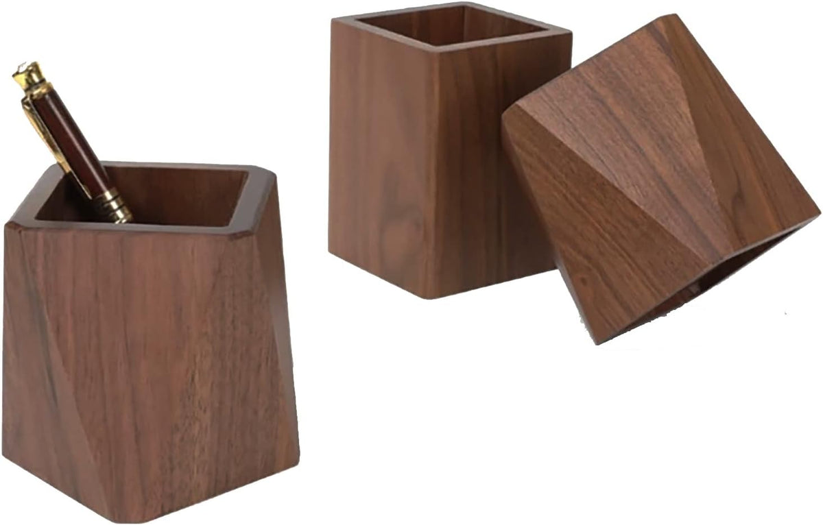 Black Walnut Wooden Pencil Box, Multiple-Use Desk Writing Stationary Organizer Wood Pen Holder Cups Office School Supplies Storage (Prismatic Shape)