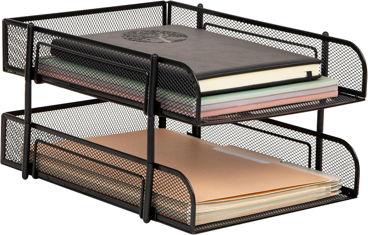 Stackable Paper Tray, Desktop Organizer, File Storage, Office, Metal Mesh, 2 Pcs, Black
