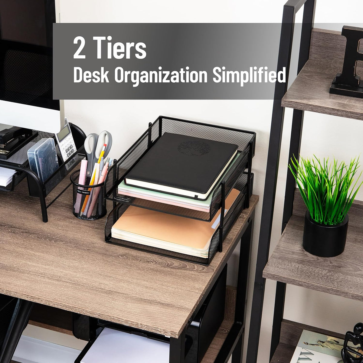 Stackable Paper Tray, Desktop Organizer, File Storage, Office, Metal Mesh, 2 Pcs, Black