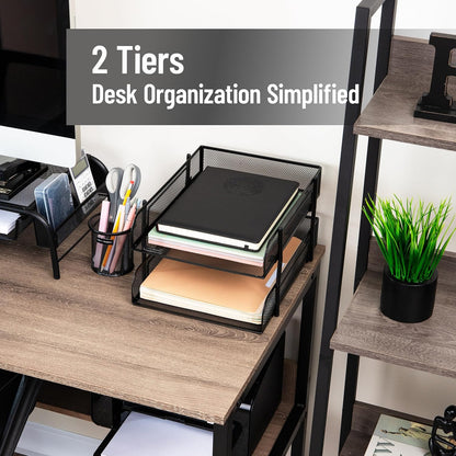 Stackable Paper Tray, Desktop Organizer, File Storage, Office, Metal Mesh, 2 Pcs, Black