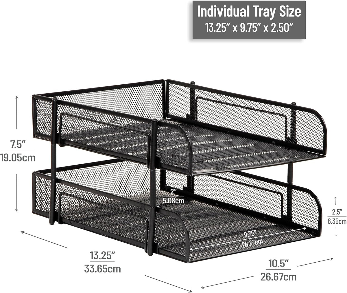 Stackable Paper Tray, Desktop Organizer, File Storage, Office, Metal Mesh, 2 Pcs, Black