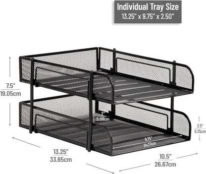 Stackable Paper Tray, Desktop Organizer, File Storage, Office, Metal Mesh, 2 Pcs, Black