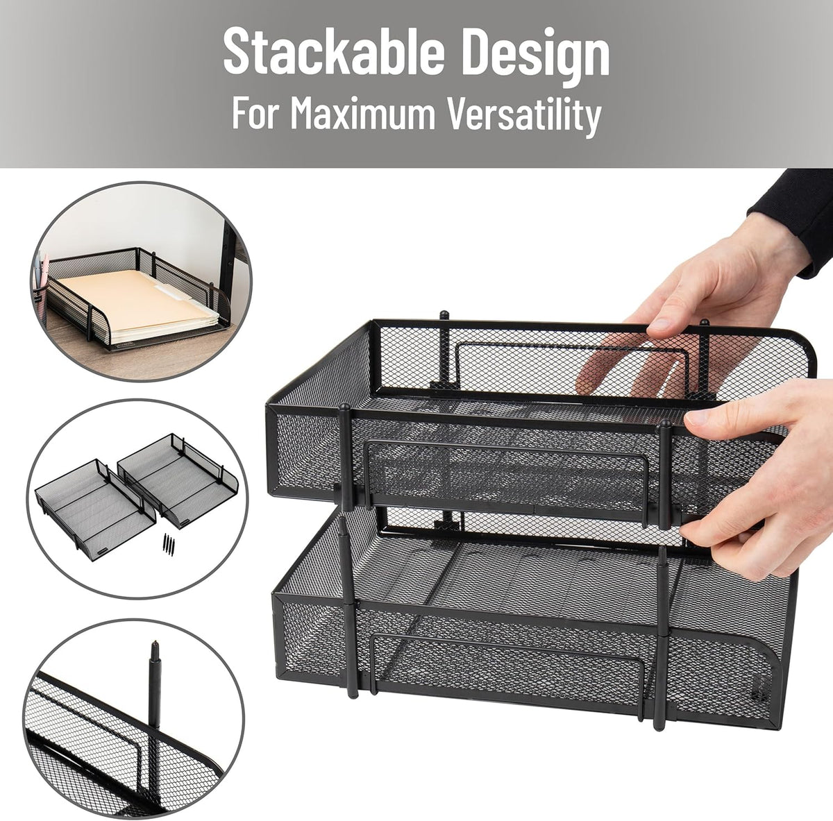 Stackable Paper Tray, Desktop Organizer, File Storage, Office, Metal Mesh, 2 Pcs, Black