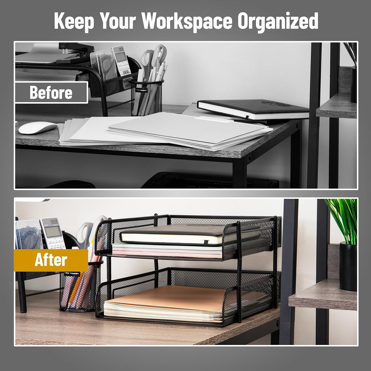 Stackable Paper Tray, Desktop Organizer, File Storage, Office, Metal Mesh, 2 Pcs, Black