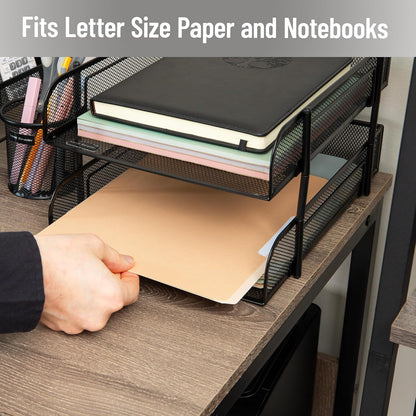 Stackable Paper Tray, Desktop Organizer, File Storage, Office, Metal Mesh, 2 Pcs, Black