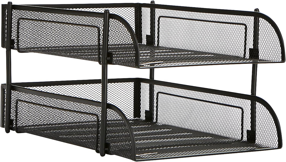 Stackable Paper Tray, Desktop Organizer, File Storage, Office, Metal Mesh, 2 Pcs, Black