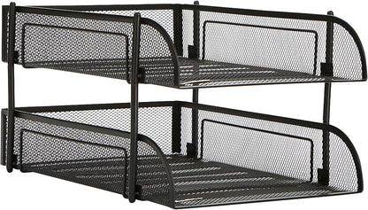 Stackable Paper Tray, Desktop Organizer, File Storage, Office, Metal Mesh, 2 Pcs, Black
