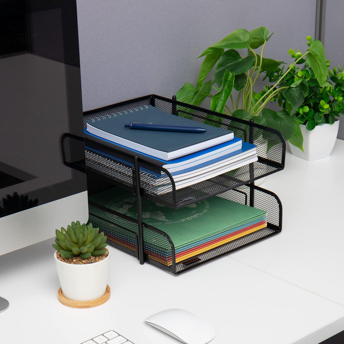 Stackable Paper Tray, Desktop Organizer, File Storage, Office, Metal Mesh, 2 Pcs, Black