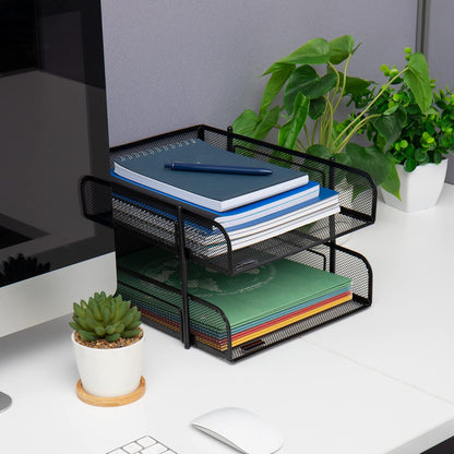 Stackable Paper Tray, Desktop Organizer, File Storage, Office, Metal Mesh, 2 Pcs, Black