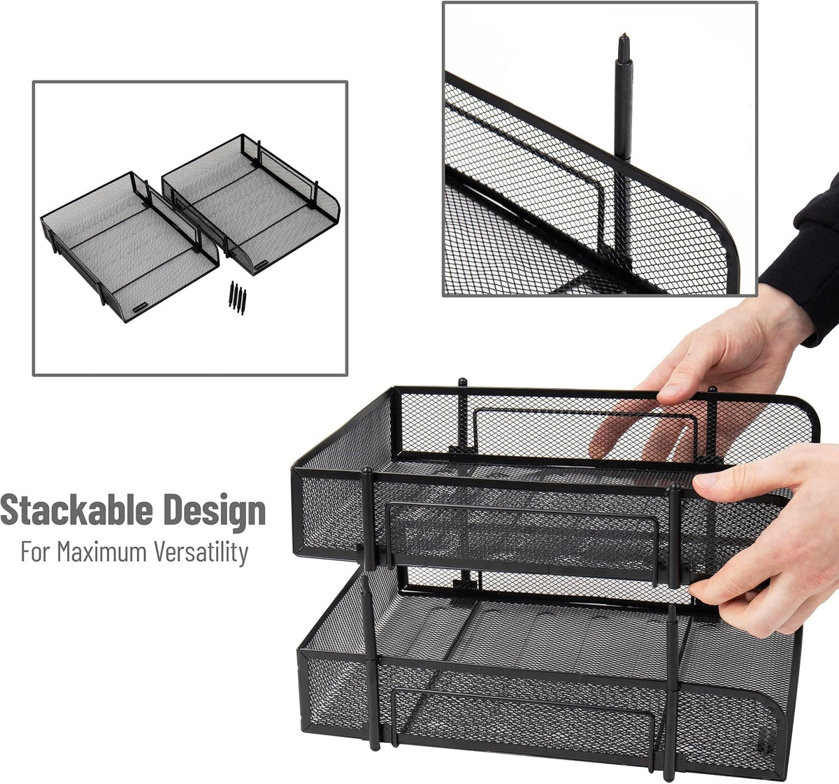 Stackable Paper Tray, Desktop Organizer, File Storage, Office, Metal Mesh, 2 Pcs, Black