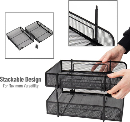 Stackable Paper Tray, Desktop Organizer, File Storage, Office, Metal Mesh, 2 Pcs, Black