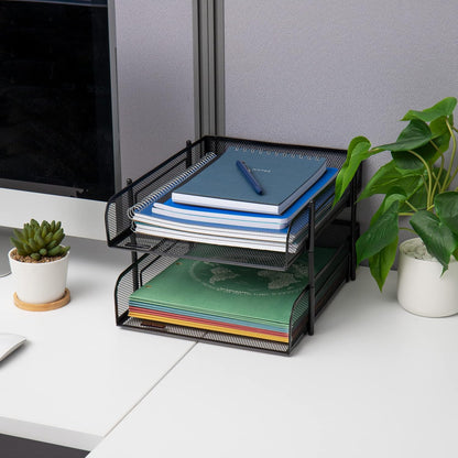 Stackable Paper Tray, Desktop Organizer, File Storage, Office, Metal Mesh, 2 Pcs, Black