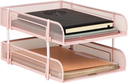 Stackable Paper Tray, Desktop Organizer, File Storage, Office, Metal Mesh, 2 Pcs, Black