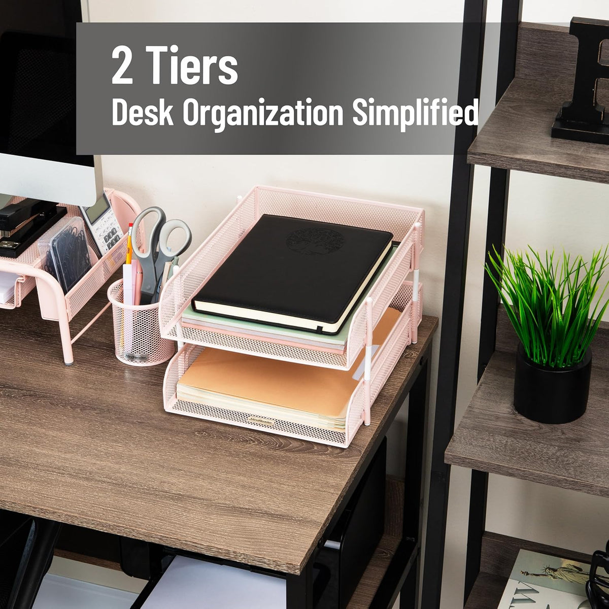 Stackable Paper Tray, Desktop Organizer, File Storage, Office, Metal Mesh, 2 Pcs, Black