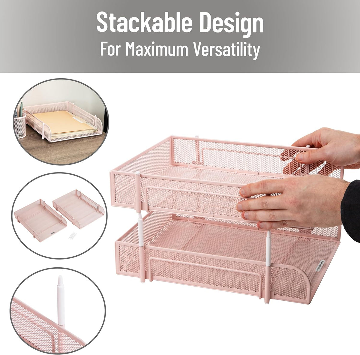 Stackable Paper Tray, Desktop Organizer, File Storage, Office, Metal Mesh, 2 Pcs, Black