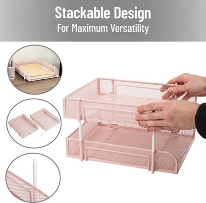 Stackable Paper Tray, Desktop Organizer, File Storage, Office, Metal Mesh, 2 Pcs, Black