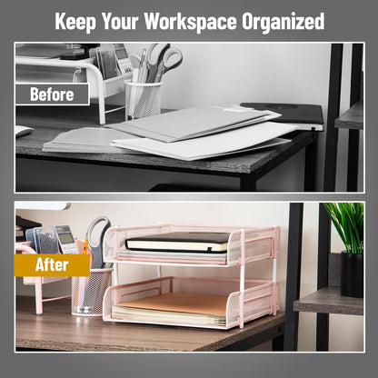 Stackable Paper Tray, Desktop Organizer, File Storage, Office, Metal Mesh, 2 Pcs, Black