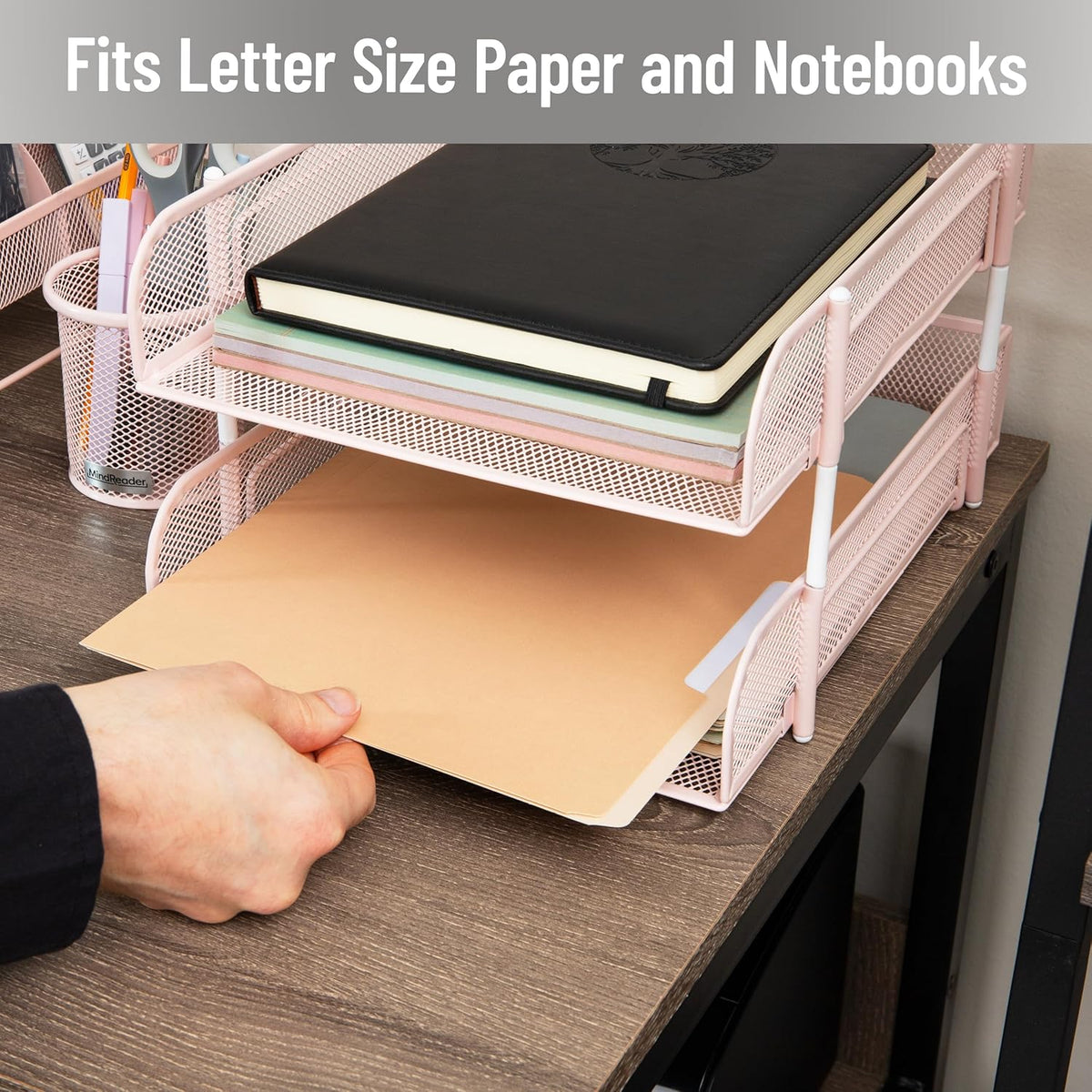 Stackable Paper Tray, Desktop Organizer, File Storage, Office, Metal Mesh, 2 Pcs, Black