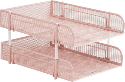 Stackable Paper Tray, Desktop Organizer, File Storage, Office, Metal Mesh, 2 Pcs, Black