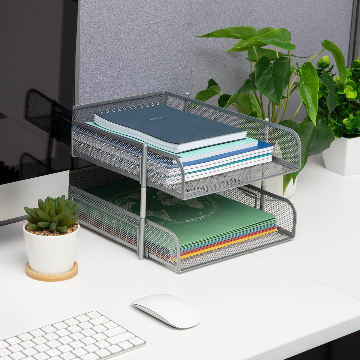 Stackable Paper Tray, Desktop Organizer, File Storage, Office, Metal Mesh, 2 Pcs, Black