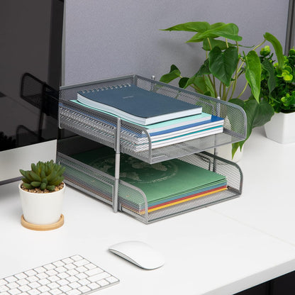 Stackable Paper Tray, Desktop Organizer, File Storage, Office, Metal Mesh, 2 Pcs, Black