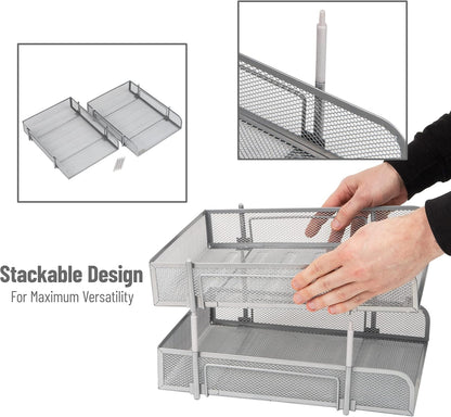 Stackable Paper Tray, Desktop Organizer, File Storage, Office, Metal Mesh, 2 Pcs, Black