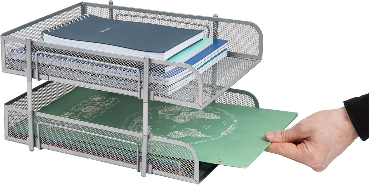Stackable Paper Tray, Desktop Organizer, File Storage, Office, Metal Mesh, 2 Pcs, Black